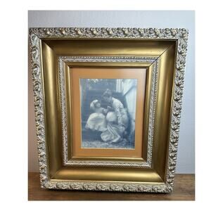 Antique Victorian Style Framed Print Mother Child Ornate Gold Gesso Frame